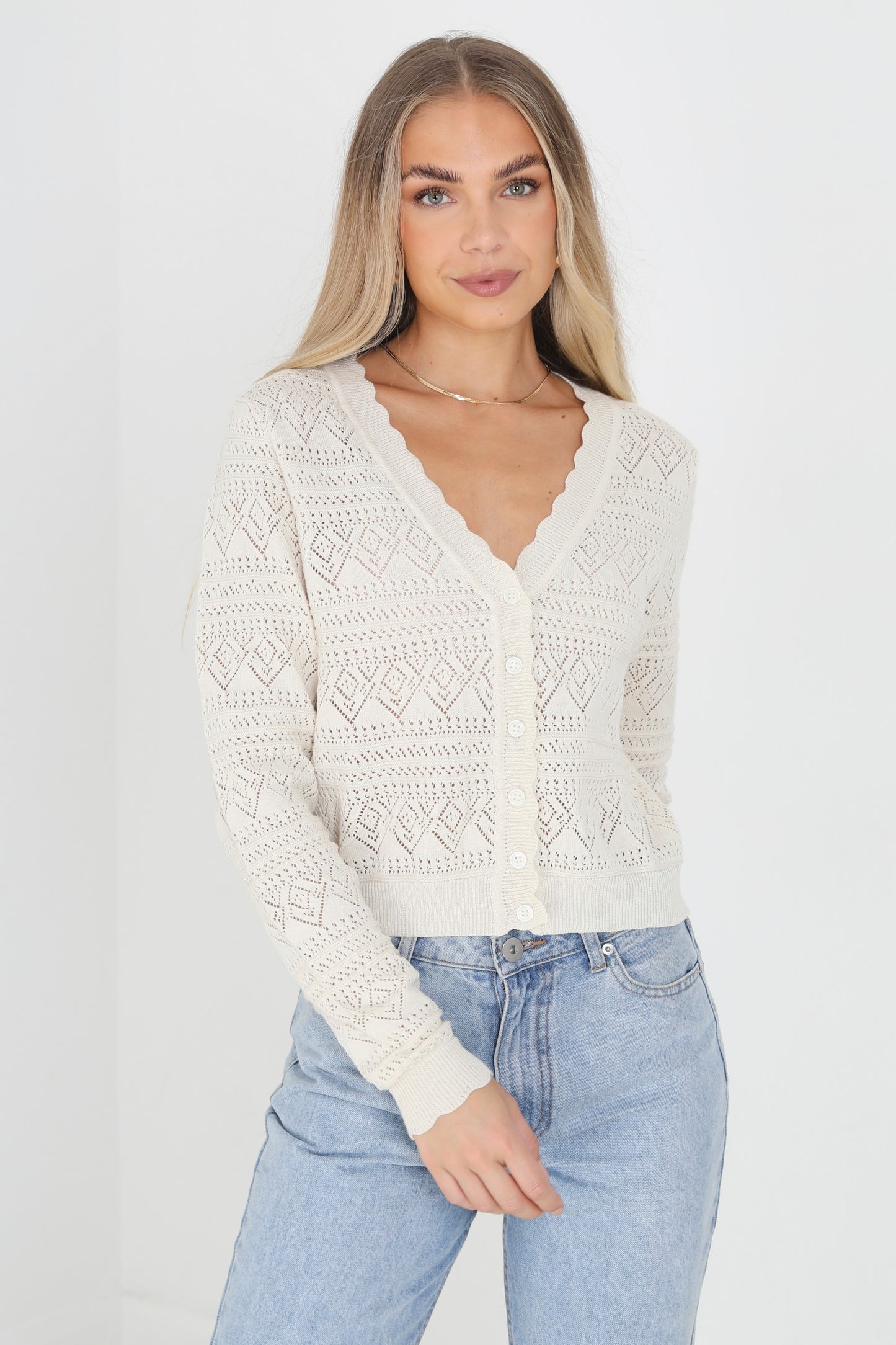 Pointelle Crochet Knit Button Up V-Neck Cardigan