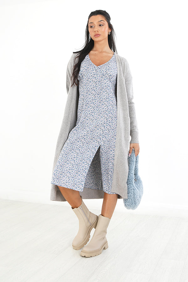 Light Grey Longline Edge To Edge Knit Cardigan
