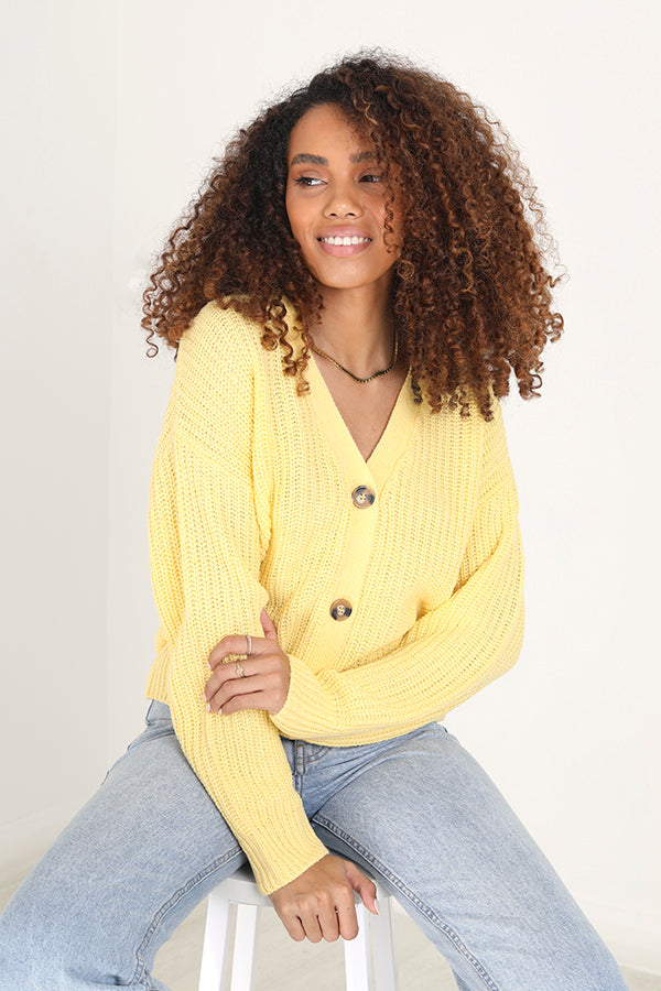 Yellow Button Through Fisherman Knit Cardigan