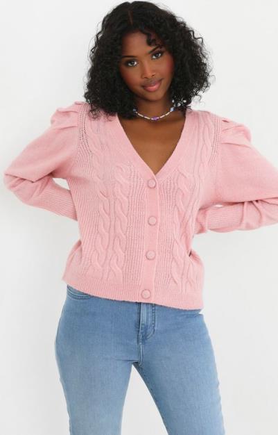 Pink Puffer Sleeve Cable Knit V-Neck Cardigan