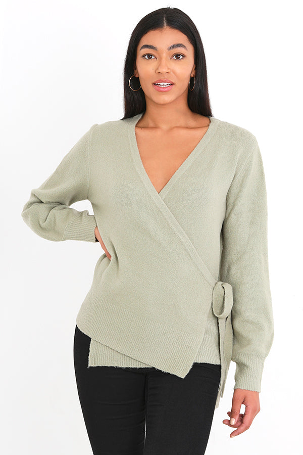 Sage Green Balloon Sleeve Knitted Wrap Cardigan