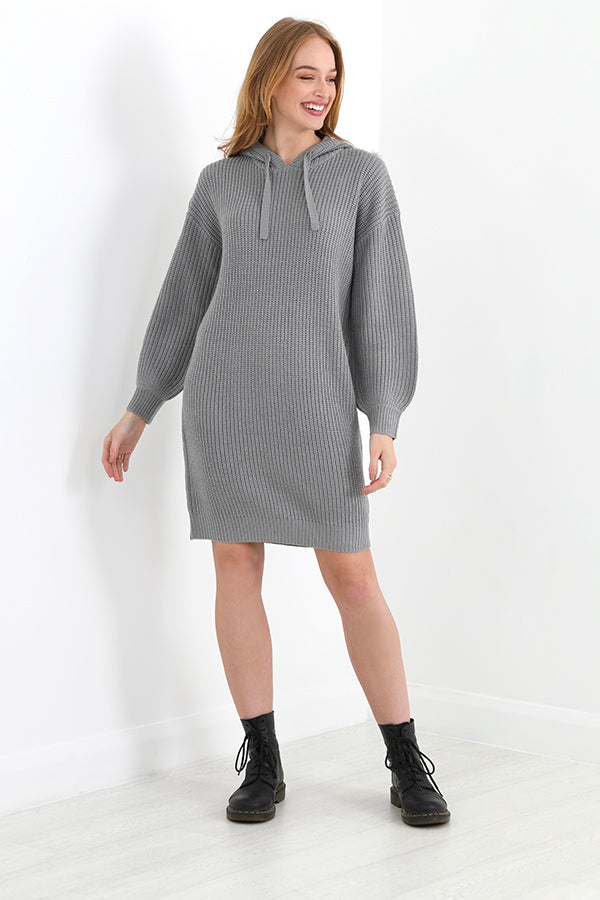Grey Long Sleeve Hooded Fisherman Knit Jumper Dress