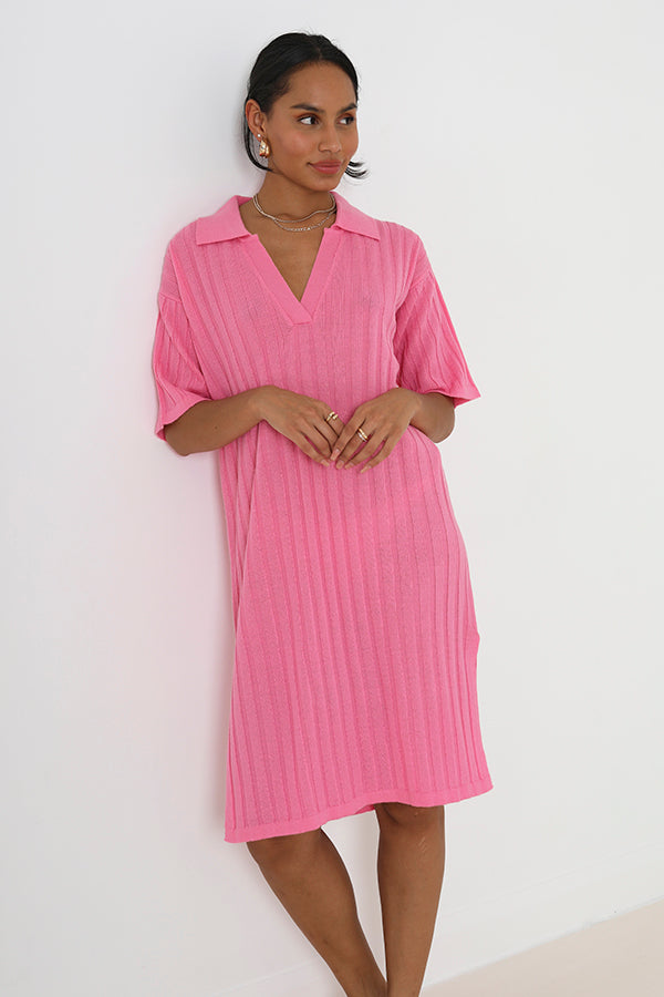 Pink Oversized Ribbed Slit Detail Knitted Dress