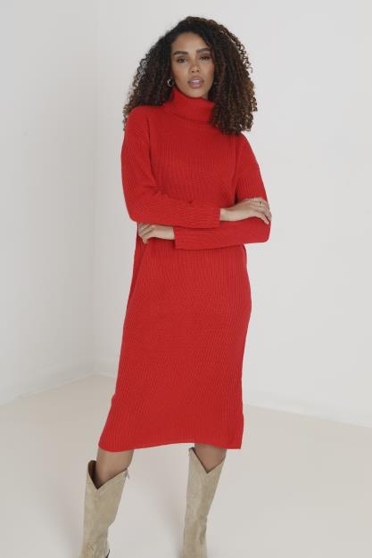 Red Drop Sleeve Roll Neck Knitted Midi Dress