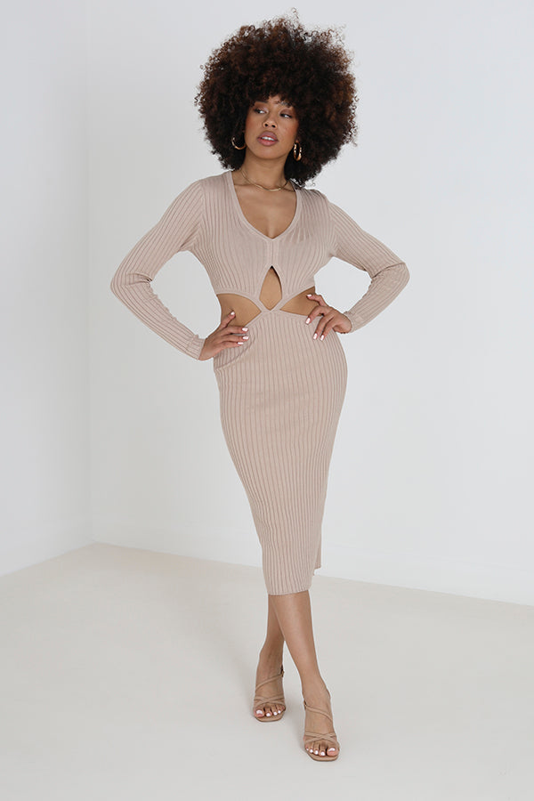 Beige Cut Out Waist Long Sleeve Knitted Dress