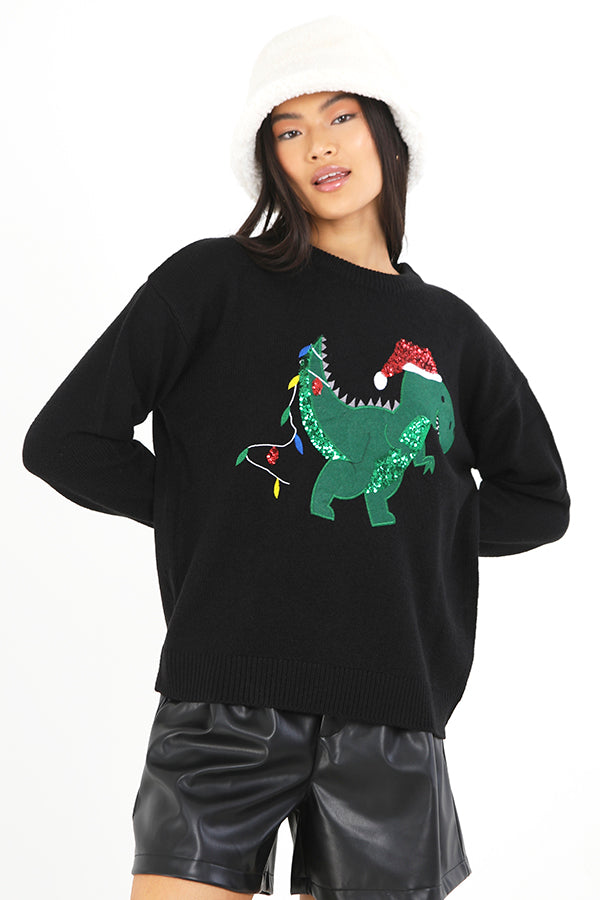Black Dinosaur Design Sequin Detail Christmas Jumper
