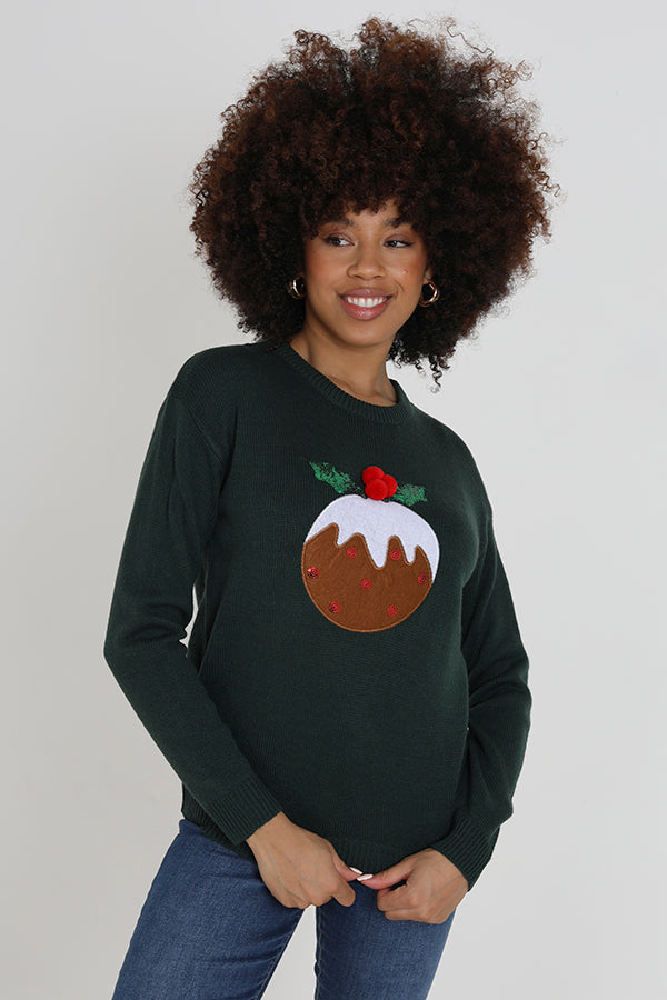 Dark Green Christmas Pudding Novelty Xmas Jumper