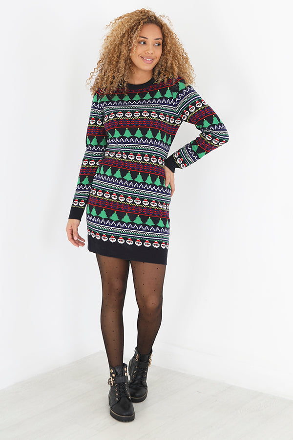 Navy Jacquard Design Novelty Christmas Jumper Dress