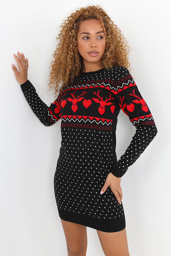 Black Christmas Jaquard Printed Knitted Jumper Dress