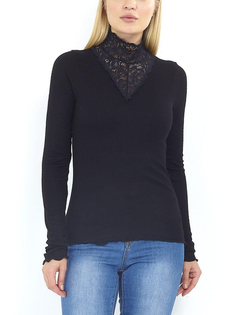 Black Lace Insert Turtleneck Long Sleeve Top