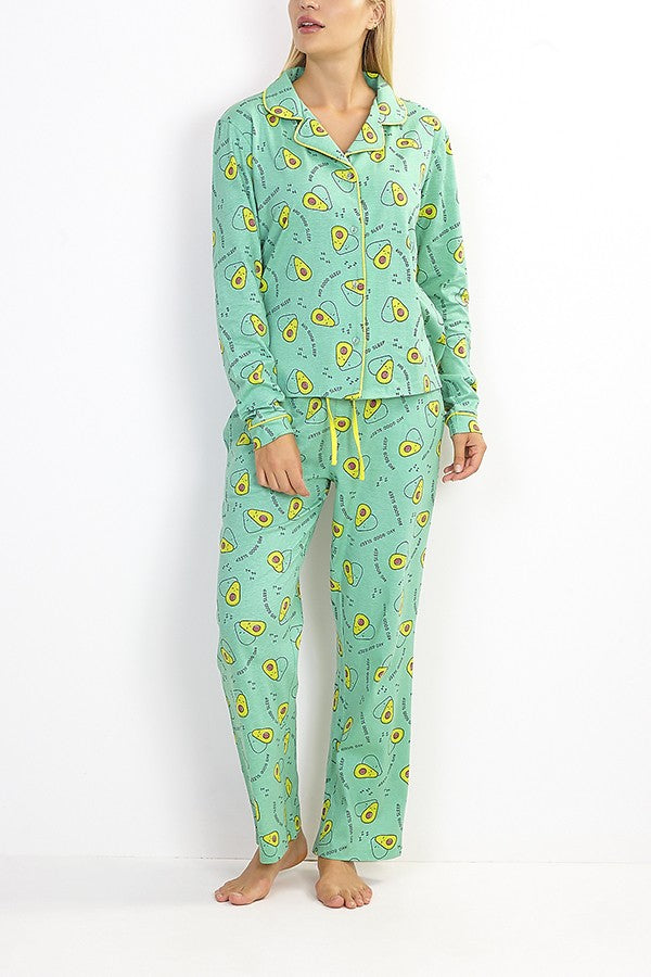 Neon Trim Avocado Print Long Jersey Pyjama Set