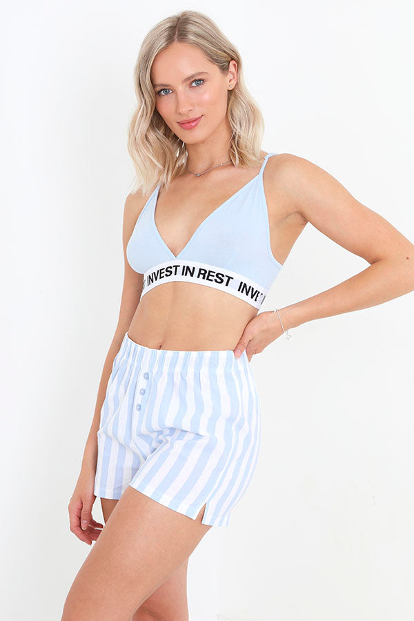 Blue Striped Bralette And Shorts Loungwear Set