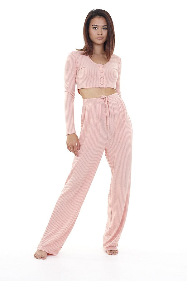 Ribbed Dusty Pink Tpiece Loungewear Set