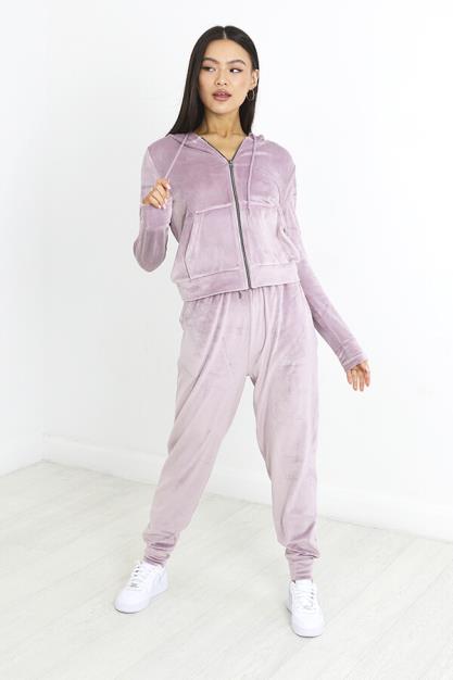 Mauve Hoodie And Joggers Velour Loungewear Set