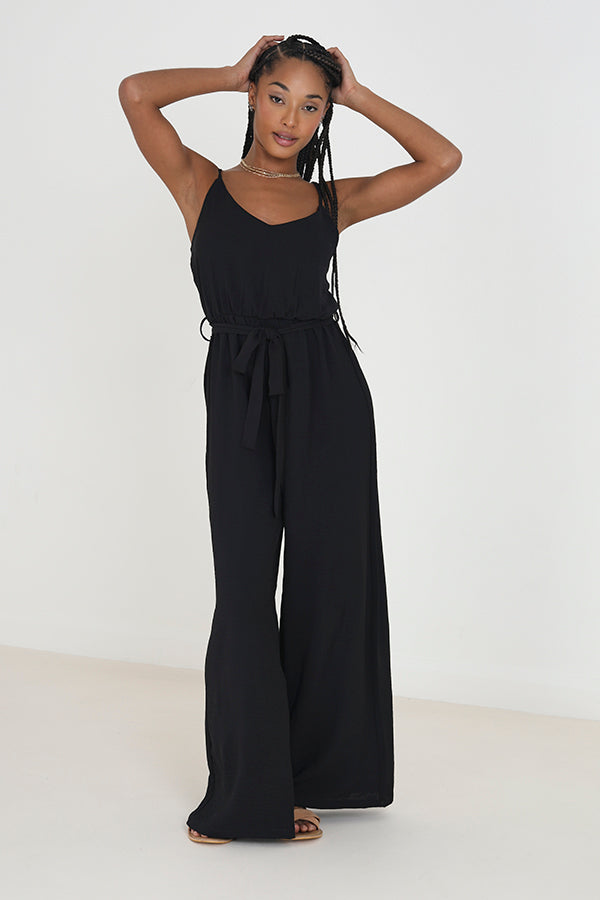 Black Strappy Tie Waist Wide Leg Jumpsuit
