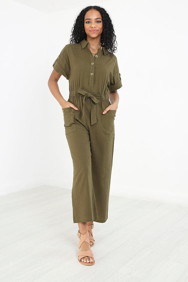 Khaki Tie Waist Buttoned Utility Jumpsuit