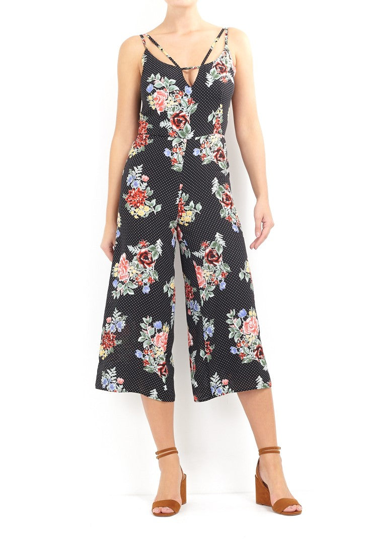 Floral Polka Dot Print Strappy Wide Leg Jumpsuit