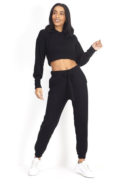 Black Knitted Hoodie And Jogging Bottom Co-Ord