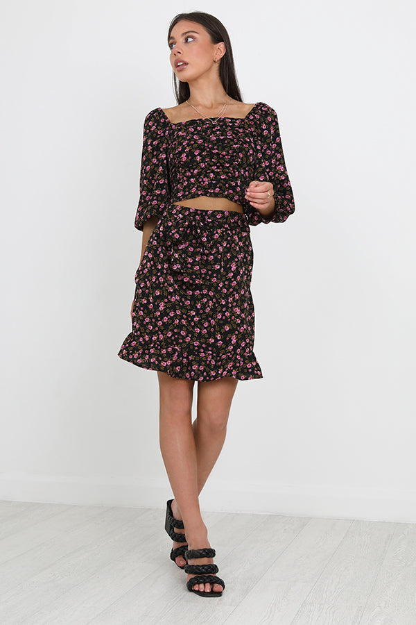 Black And Pink Floral Print Frill Hem Skirt