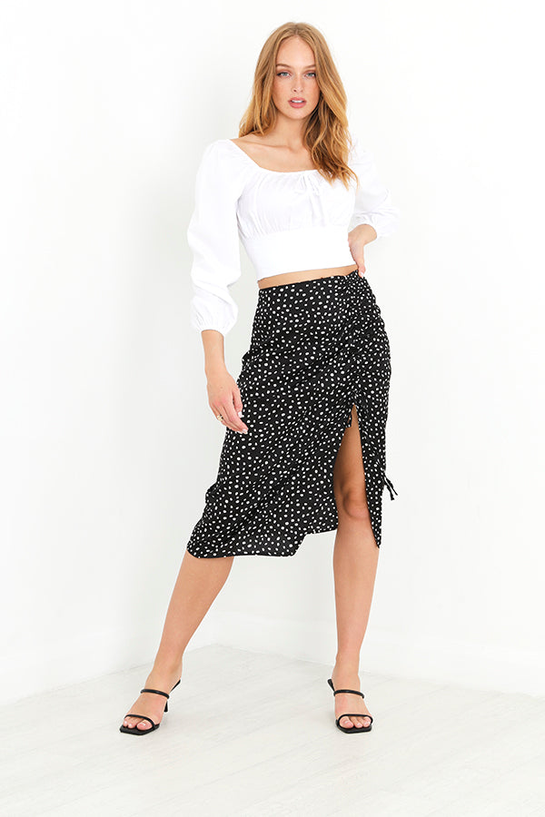 Black And White Spotty Printed Gathered Midi Skirt