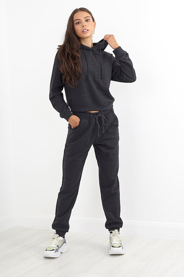 Charcoal Marl Drawstring Cropped Hoodie