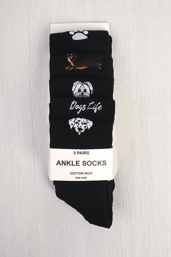 Dog Embroidery Five Pack Black Ankle Socks