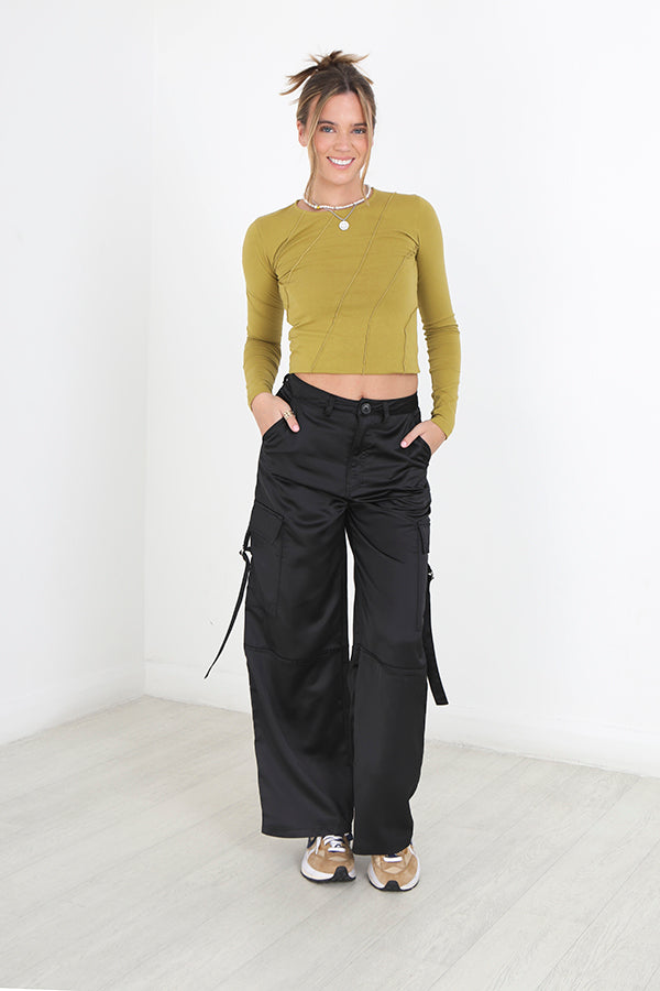 Black Wide Leg Satin Utility Cargo Trousers