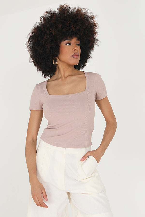 Solid Square Neck Ribbed Short Sleeve Top