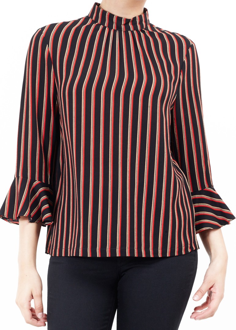 Striped High Neck Flared Sleeve Blouse