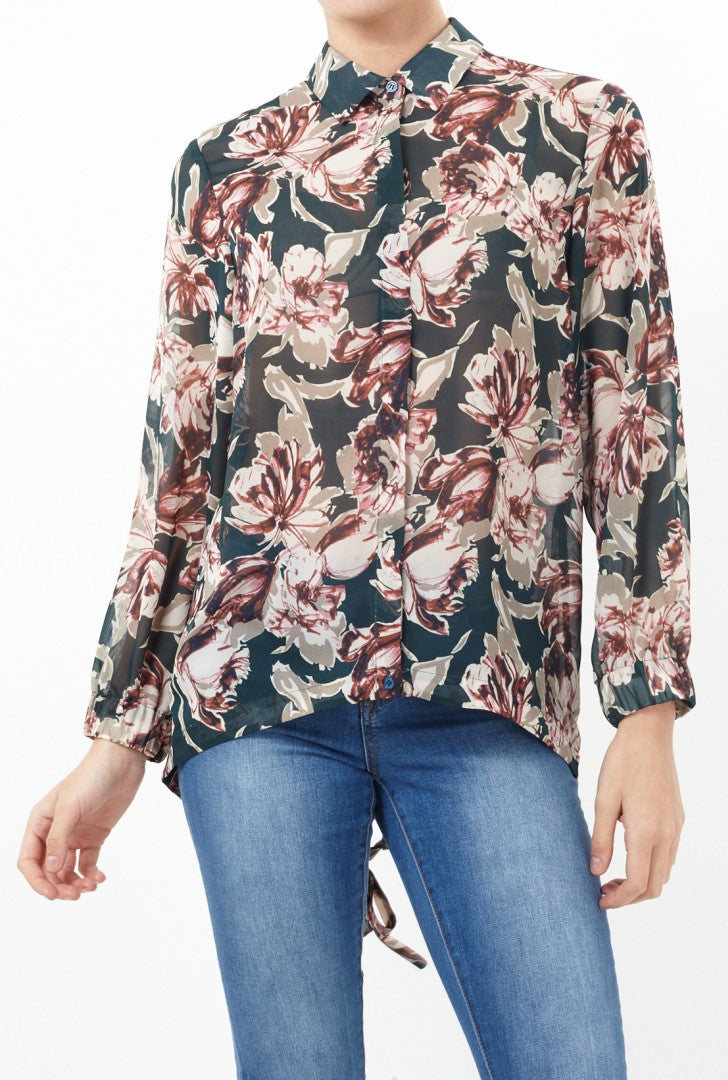 Floral Print Long Sleeve Split Back Shirt