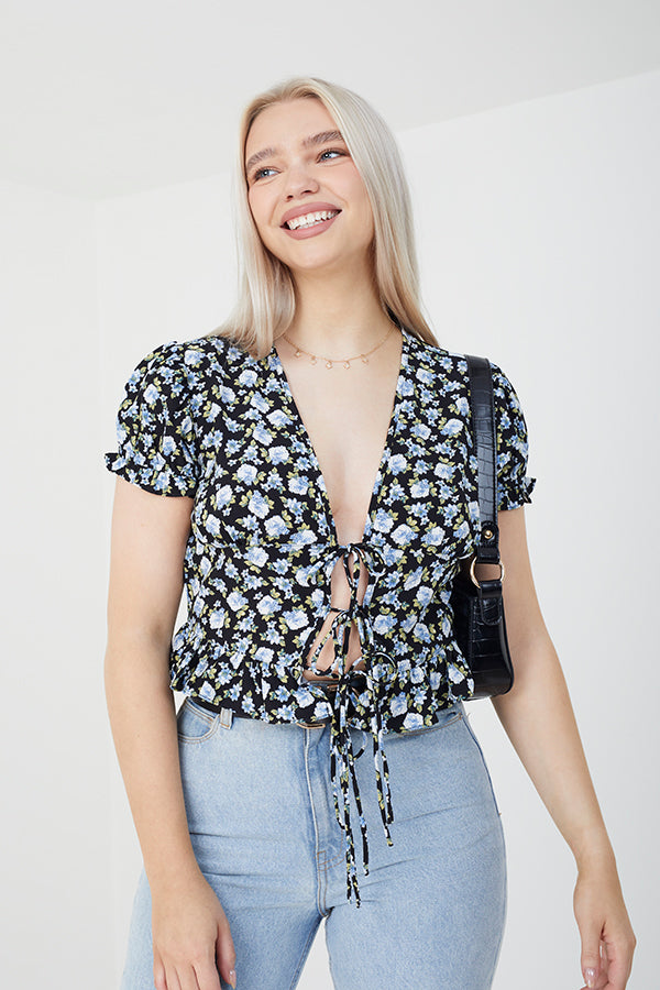 Short Sleeves Tie Open Front Top