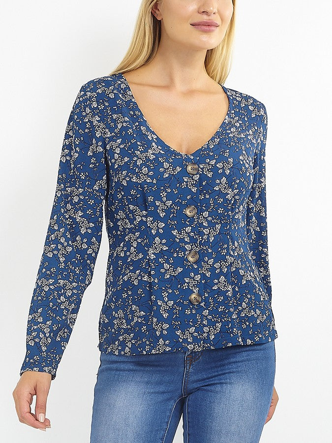 Navy Floral Print Long Sleeve Blouse