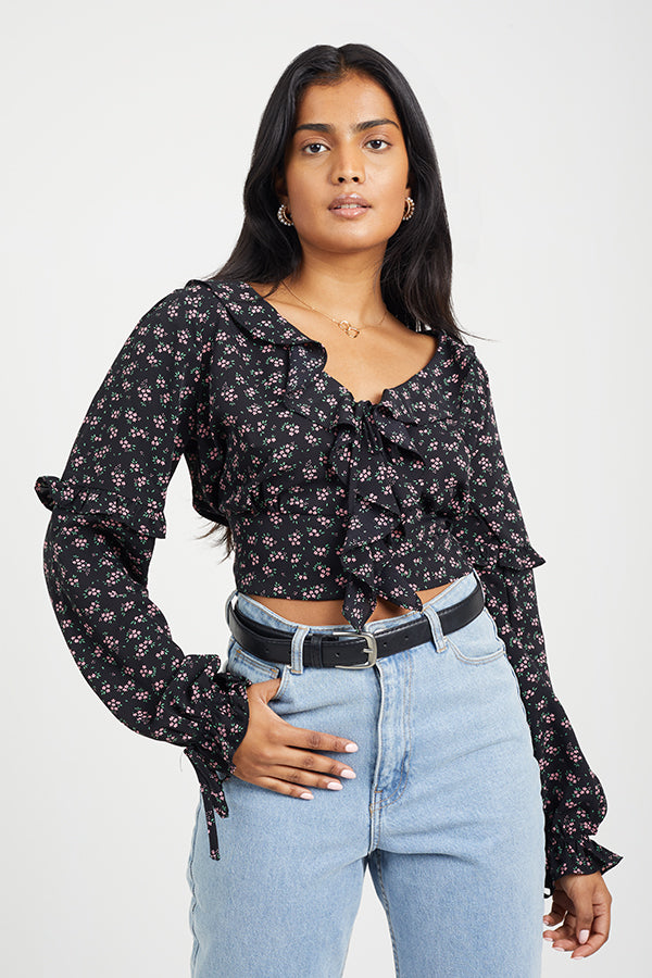 Long Sleeve Crinkle Chiffon Frill Top