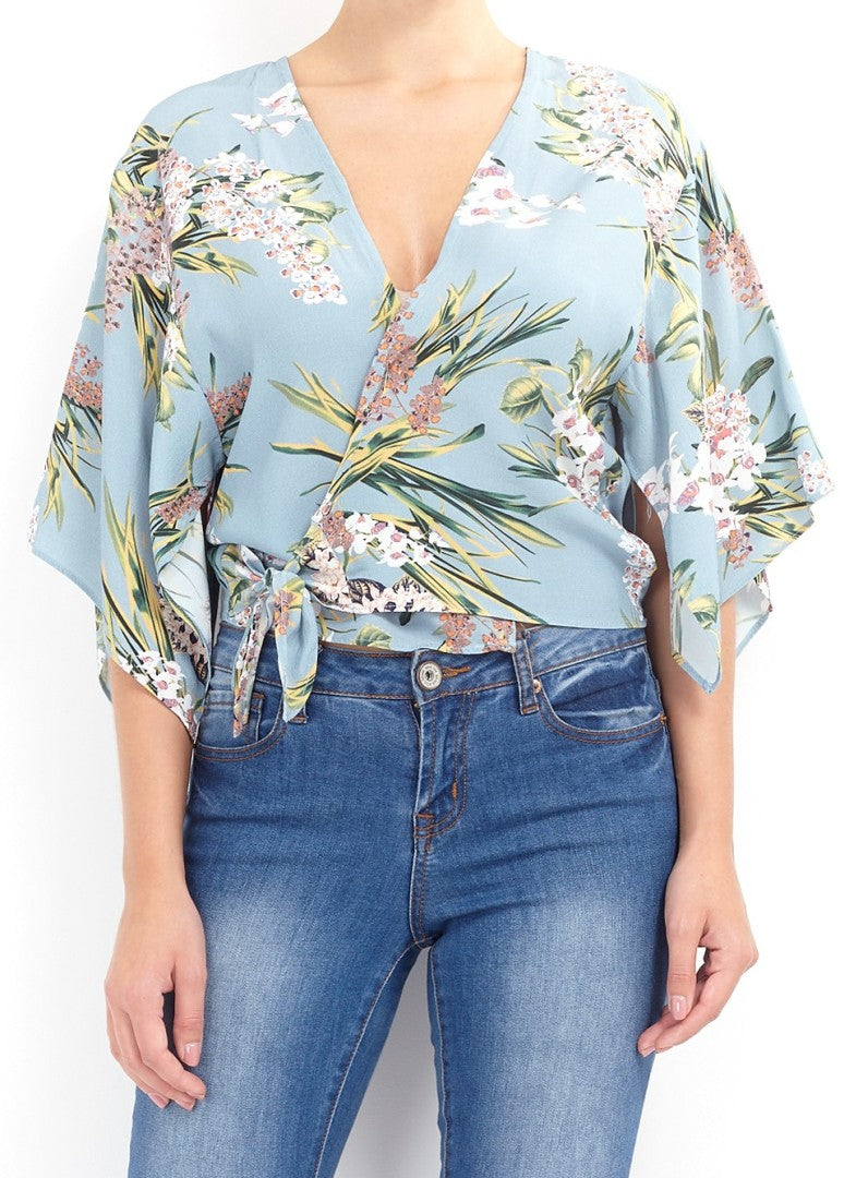 Floral Print Cropped Kimono Style Wrap Top