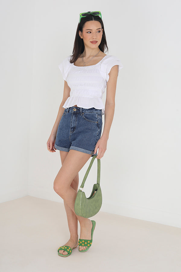 Solid Sleeveless Ruched Frill Sleeve Top