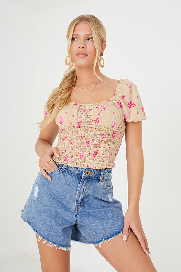 Floral Print Puff Sleeve Smocked Top