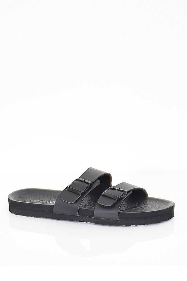 Black Buckle Detail Double Strap Slip On Sandals