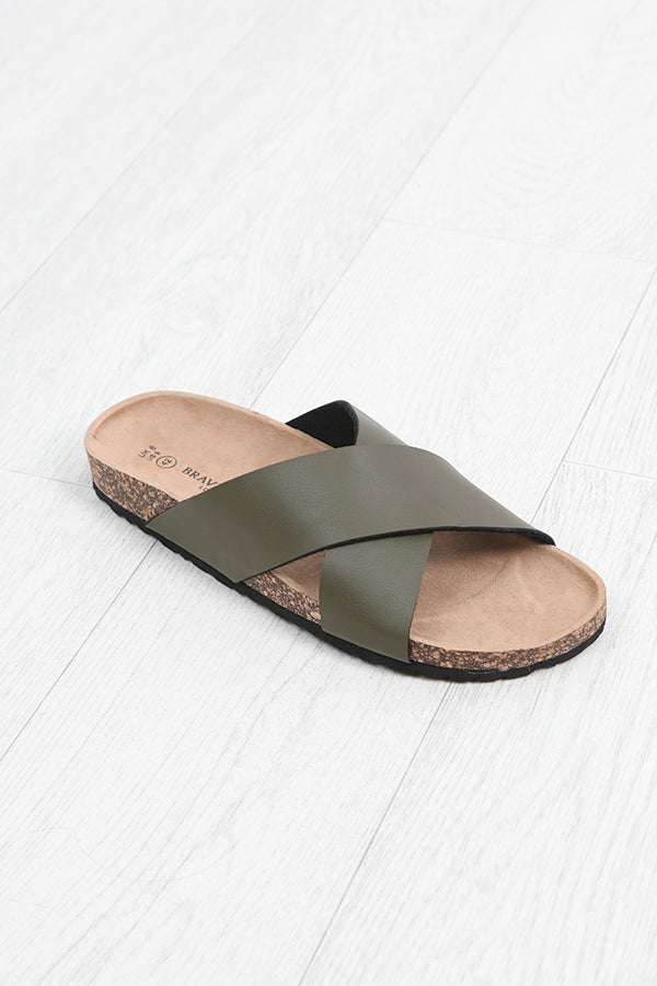 Khaki Cross Strap Detail Faux Leather Cork Sandals