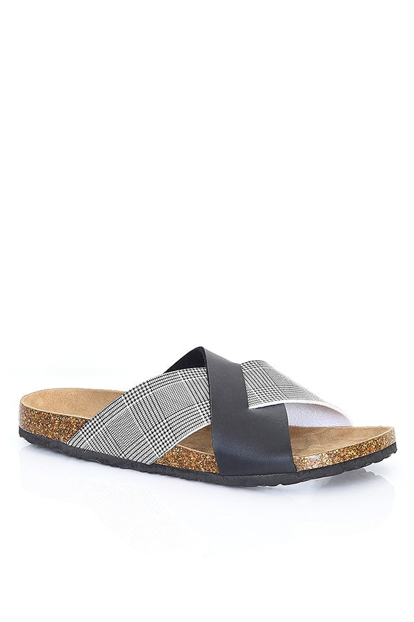 Cork Sole Checked Cross Strap Sandals