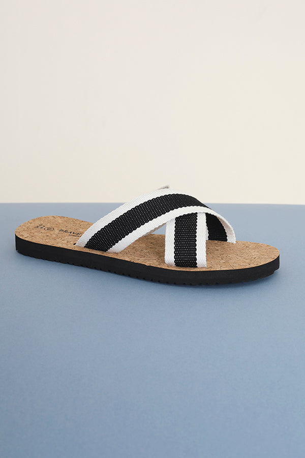Black/White Woven Cross Over Cork Sandals