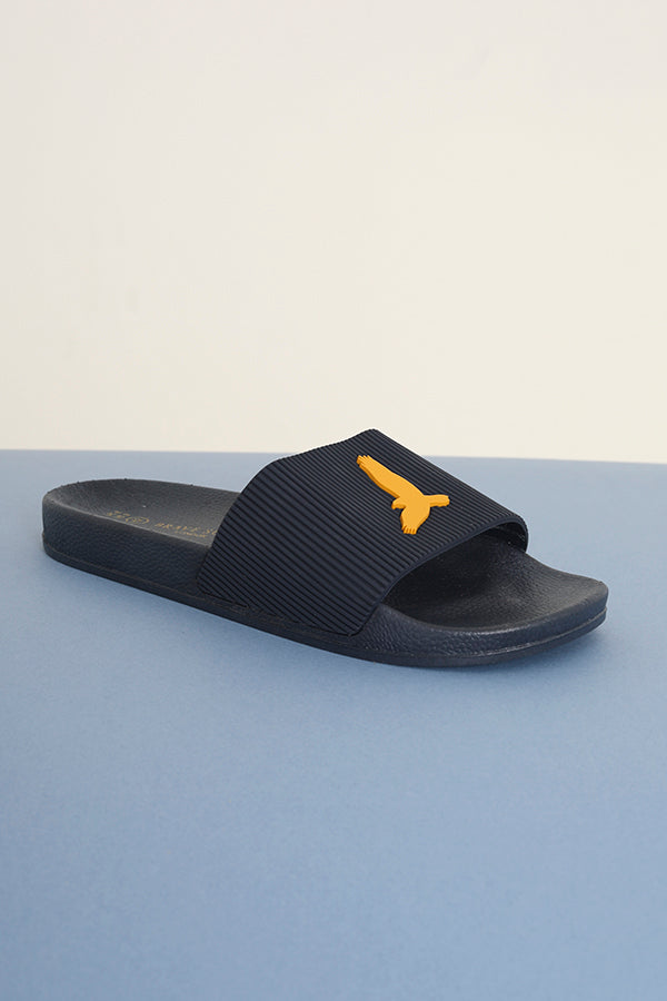 Navy Slider With Gold Falcon Logo Ribbed Uer