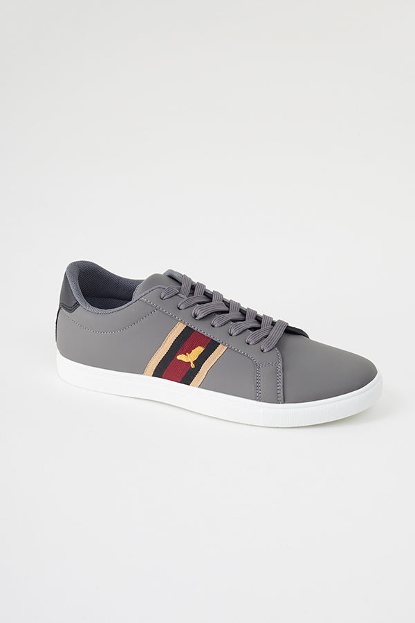 Grey Lace Up Trainer Black Back Panel On The Heal White Sole