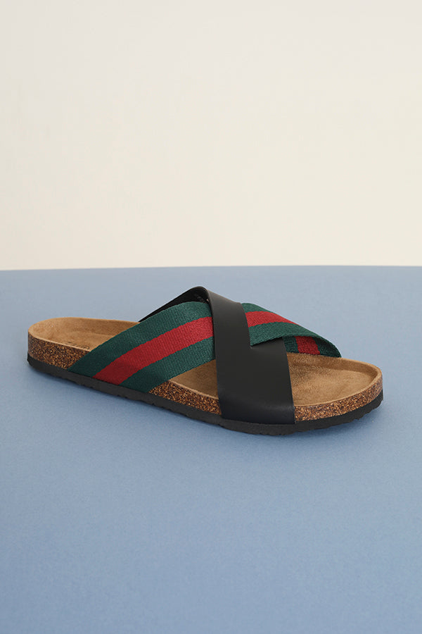Red And Green Striped Cross Strap Cork Sandals