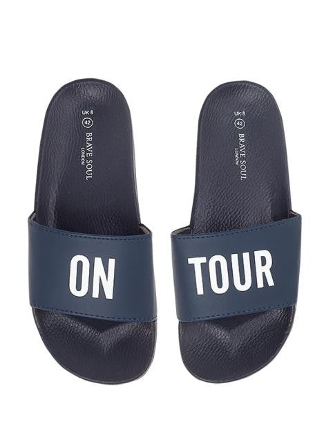 On Tour Slogan Strap Navy Pool Sliders