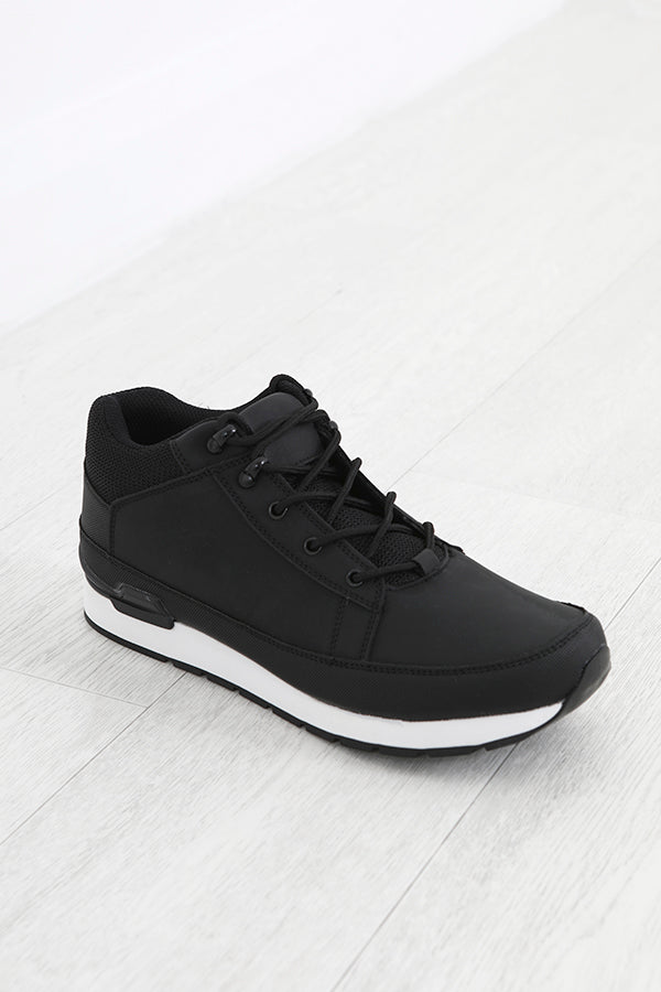 Black Lace Up White Sole Detail Faux Leather Boots