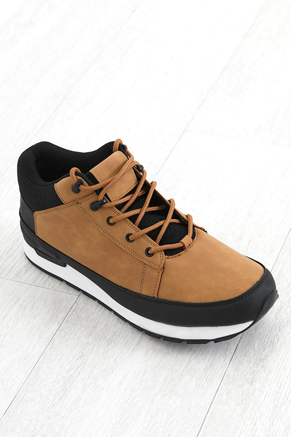 Tan Lace Up Panel Detail Faux Leather Boot