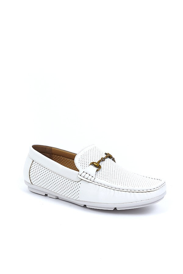 White Pu Perforated Horse Bit Detail Loafers