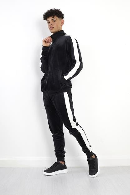 Jet Black/Optic White Contrast Velour Joggers