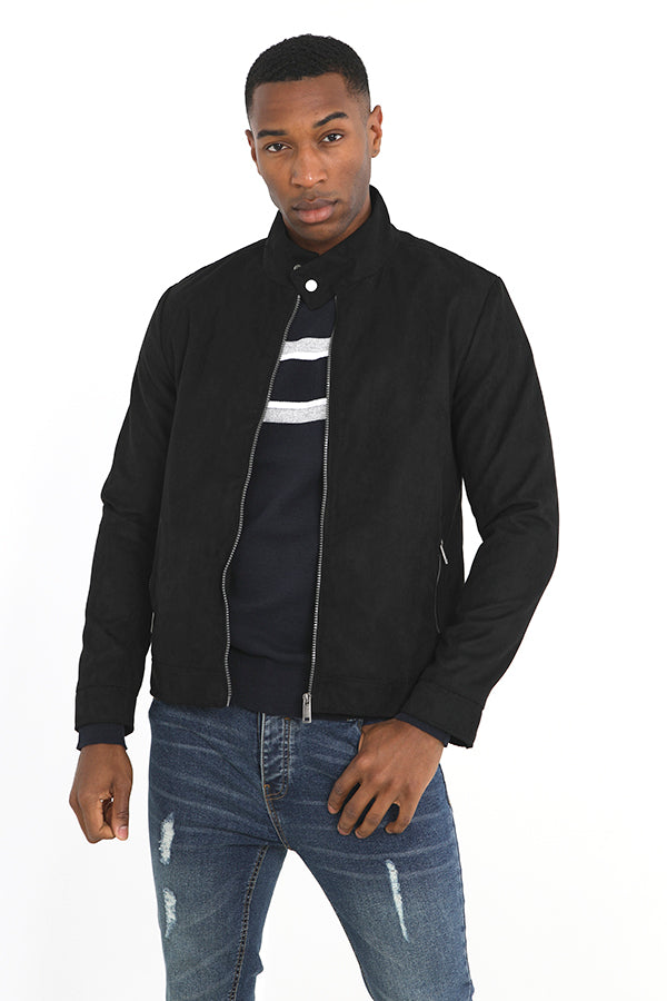 Black Zip Through Faux Suede Biker Style Jacket