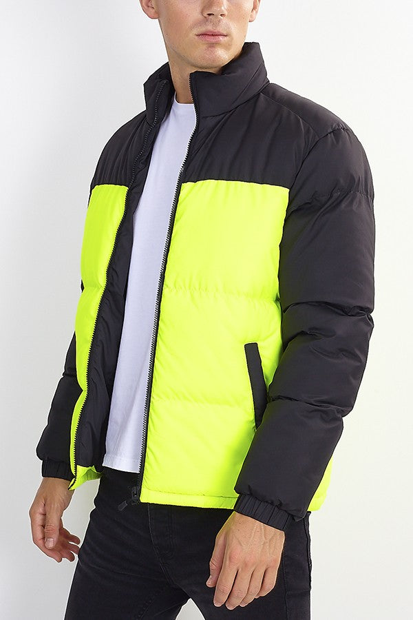 Neon Colour Block Funnel Neck Padded Jacket